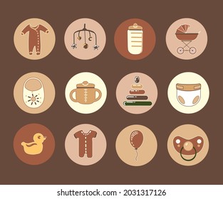 Pregnancy, motherhood, newborn baby. Set of circle icons for website, stories highlights. Design for maternity hospital, Health care. Minimalism style, beige. Stickers about baby care, child health