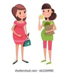 Pregnancy motherhood people expectation concept happy pregnant woman character life with big belly vector illustration