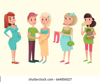Pregnancy motherhood people expectation concept happy pregnant woman character life with big belly vector illustration