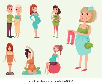 Pregnancy motherhood people expectation concept happy pregnant woman character life with big belly vector illustration