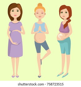 Pregnancy motherhood people expectation concept happy pregnant woman character life with big belly vector illustration