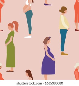 Pregnancy motherhood people expectation seamless pattern background pregnant woman character life with big belly vector illustration