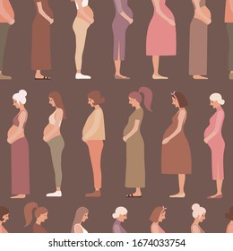 Pregnancy motherhood people expectation seamless pattern background pregnant woman character life with big belly vector illustration