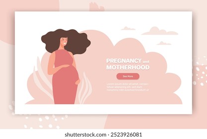 Pregnancy and motherhood pink gentle banner. Calm pregnant woman hugging belly. Landing page with place for text. Vector flat illustration.