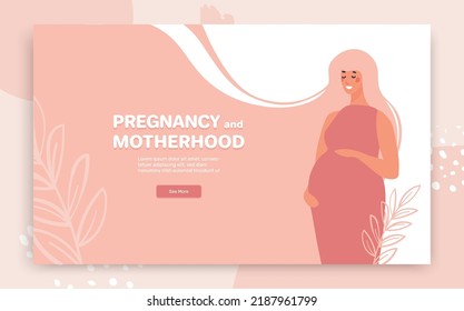 Pregnancy and motherhood pink tender card. Calm pregnant woman smiles and hugs her belly with her hands. Landing page with place for text. Vector flat illustration for design.