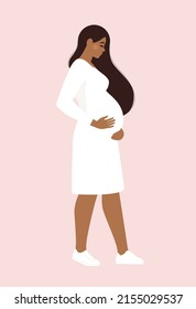 Pregnancy and motherhood. Poster with a beautiful young pregnant woman with long hair and place for text. Minimalistic design, flat cartoon vector illustration