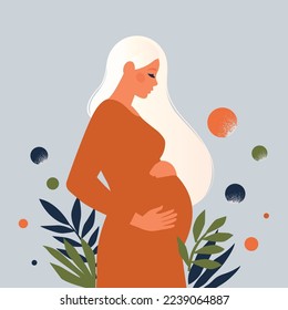 Embarazo y maternidad. Afiche con una bella joven embarazada con el pelo largo y lugar para el texto. Diseño minimalista, ilustración vectorial de caricatura plana