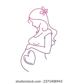 Pregnancy and motherhood. Poster with a beautiful young pregnant woman with long hair vector line art illustration