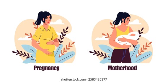 Pregnancy and motherhood set. Young girl with big belly. Woman with baby in hands. Childhood and motherhood. Reproductive system and fertility. Flat vector collection isolated on white background