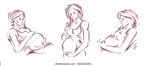 Pregnancy and motherhood theme vector illustrations set pregnant woman drawings isolated on white background, prenatal pregnant beautiful female new life theme.