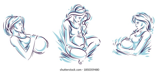 Pregnancy and motherhood theme vector illustrations set pregnant woman drawings isolated on white background, prenatal pregnant beautiful female new life theme.