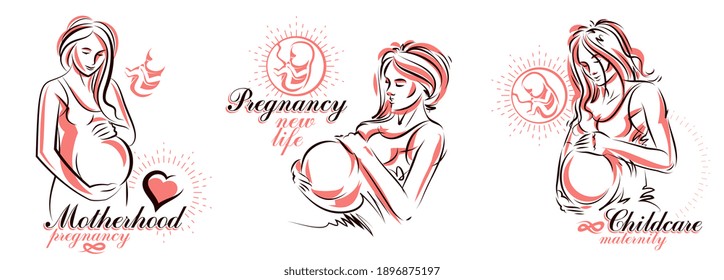 Pregnancy and motherhood theme vector illustrations set pregnant woman drawings isolated on white background, prenatal pregnant beautiful female new life theme.
