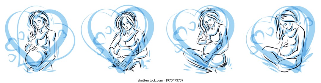 Pregnancy and motherhood theme vector illustrations set pregnant woman drawings isolated on white background, prenatal pregnant beautiful female new life theme.