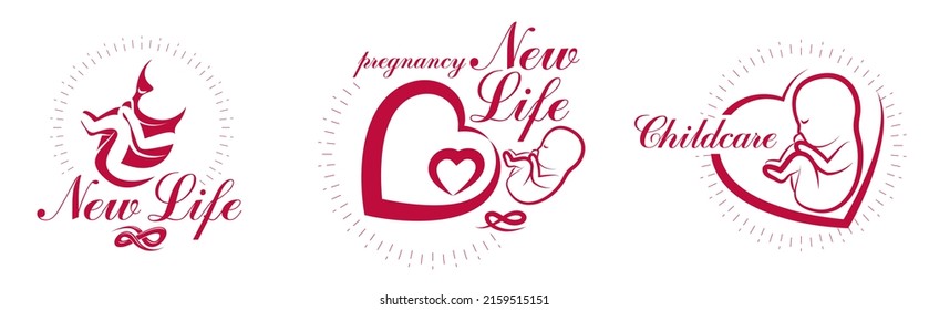 Pregnancy and motherhood theme vector illustrations set fetus drawings isolated on white background, new life baby shower beautiful baby.