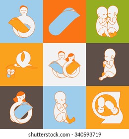 Pregnancy and motherhood vector. Prenatal child flat thin line maternity icons collection. Twins pregnancy vector logo design. Outline happy family stylized icon.