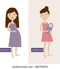 the pregnancy and motherhood. a woman with a child. pregnant. mother and baby