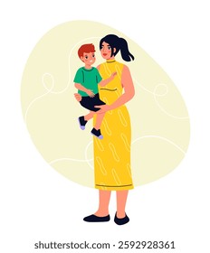 Pregnancy and motherhood. Woman holding baby or toddler. Mother with infant on hands. Healthcare and medicine. Parenthood and childhood. Mom and son. Flat vector illustration