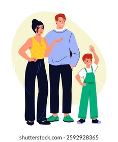 Pregnancy and motherhood. Woman and man with boy. Mother, father and son. Parenthood and childhood. Mom, dad and kid. Parents with child. Flat vector illustration