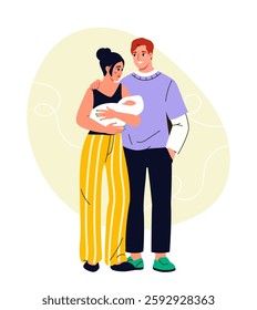 Pregnancy and motherhood. Woman and man holding baby or toddler. Mother and father with infant. Healthcare and medicine. Parenthood and childhood. Flat vector illustration