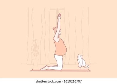 Pregnancy, motherhood, yoga concept. Young mindful pregnant woman does yoga. Motherhood is great responsibility. Calm pet looks on its pregnant owner. Yoga helps during pregnancy. Simple flat vector