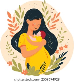 Pregnancy and motherhood - young happy woman pregnant and with a newborn baby. Vector illustration in flat style