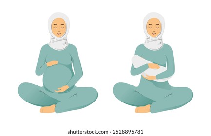 Pregnancy and muslim woman with newborn baby sitting in lotus pose