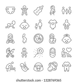 Pregnancy and newborn baby icons set. Line style