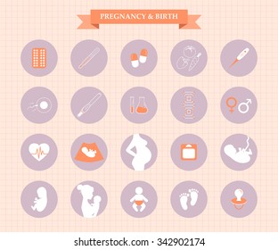 Pregnancy and newborn baby icons set. Childbirth and motherhood. Pregnancy and birth infographics. Medicine and pregnancy vector icons set. Baby care, mother birth illustration.
