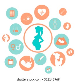 Pregnancy and newborn baby icons set. Childbirth and motherhood. Medicine and pregnancy vector icons set. Baby care, mother birth illustration.