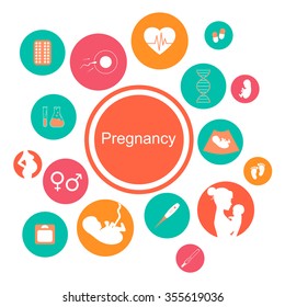 Pregnancy and newborn baby icons set. Childbirth and motherhood. Medicine and pregnancy vector icons set. Baby care, mother birth illustration.