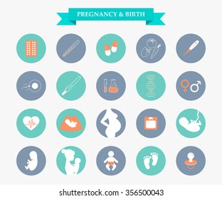 Pregnancy and newborn baby icons set. Childbirth and motherhood. Medicine and pregnancy vector icons set. Baby care, mother birth illustration.