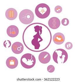 Pregnancy and newborn baby icons set. Childbirth and motherhood. Pregnancy and birth infographics. Medicine and pregnancy vector icons set. Baby care, mother birth illustration.