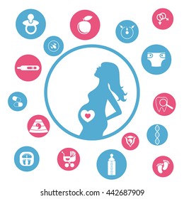 Pregnancy and newborn baby icons set. Childbirth and motherhood. Pregnancy and birth infographics. Medicine and pregnancy vector icons set.