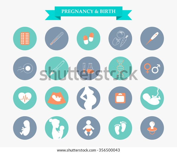 妊娠と新生児のアイコンセット 出産と母性 薬と妊娠のベクター画像アイコンセット 赤ちゃんのケア 母親の出産イラスト のベクター画像素材 ロイヤリティ フリー