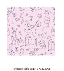 Pregnancy and newborn hand drawing seamless pattern. Set of baby icons. Baby and Maternity doodles.