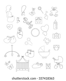 Pregnancy and newborn Linear icon set. set of baby icons. Linear Baby and Maternity icons. Baby thin line icons set. Vector baby icons set.