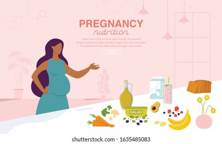 Pregnancy Nutrition and Healthy Diet Advertising Poster. Online Order and Delivery Food for Pregnant Women. Afro-American Lady with Belly Standing near Table with Fresh Ingredients, Drinks