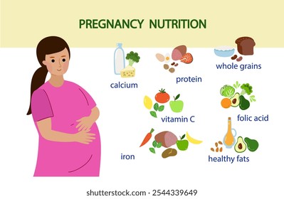 Infográfico de nutrição da gravidez. Mulher grávida personagem de desenho animado e comida saudável.  Produtos ricos em cálcio, ferro, folato e proteínas. Ilustração de vetor de design plano de desenhos animados.