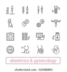 Pregnancy, Obstetrics, Gynecology Thin Line Icons. Medicine Symbols: Mother, Fetus And Newborn Health Care, Diagnostic Equipment, Medical Tools. Modern Vector Design Elements. Isolated On White.