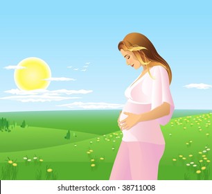 Pregnancy on the color nature, she is in her seventh. Vector illustration.
