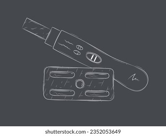 Pregnancy or ovulation test and birth control pill composition drawing on black background