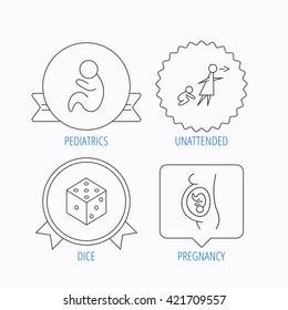 Pregnancy, paediatrics and dice icons. Unattended linear sign. Award medal, star label and speech bubble designs. Vector