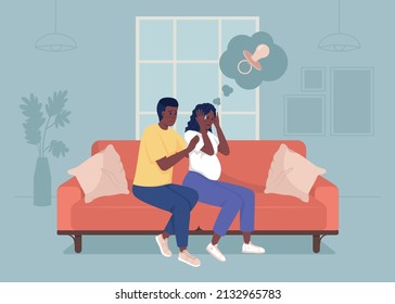 Pregnancy panic attack flat color vector illustration. Expecting child anxiety. Reassuring husband. Woman afraid of having baby 2D simple cartoon characters with living room on background