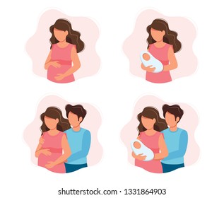 Pregnancy and parenthood concept illustrations - different scenes with pregnant woman, woman holding a newborn baby, an expecting couple, parents with a baby. Vector illustration in cartoon style.