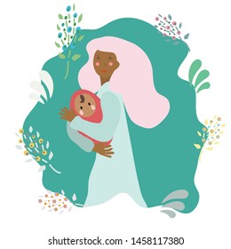 Pregnancy and parenthood concept illustrations. LGBT parenting. Woman holding a newborn baby, parents with a baby. Adoption. App, website or Web Page. Vector illustration.