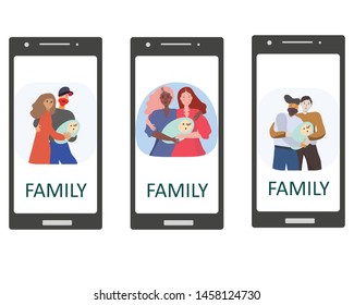 Pregnancy and parenthood concept illustrations. LGBT parenting. Various scenes with woman holding a newborn baby, man holding a newborn baby, parents with a baby. Adoption. Mobile App, website or Web 