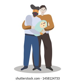 Pregnancy and parenthood concept illustrations. LGBT parenting. Male couple holding a newborn baby, gay couple baby.  Adoption. App, website or Web Page. Vector illustration.