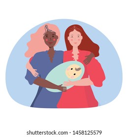 Pregnancy and parenthood concept illustrations. LGBT parenting. Happy female couple holding a newborn baby, gay couple baby. Adoption. App, website or Web Page. Vector illustration.