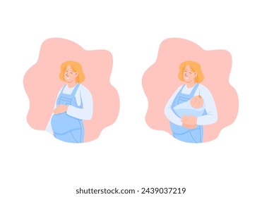 Pregnancy and parenthood concept illustrations - various scenes with a pregnant woman and a woman holding a newborn baby. Vector illustration