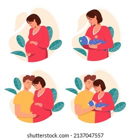 Pregnancy and parenthood concept set of vector illustrations. Pregnant woman, woman holding a newborn baby, an expecting couple, happy parents with a baby in cartoon style. Happy young family.